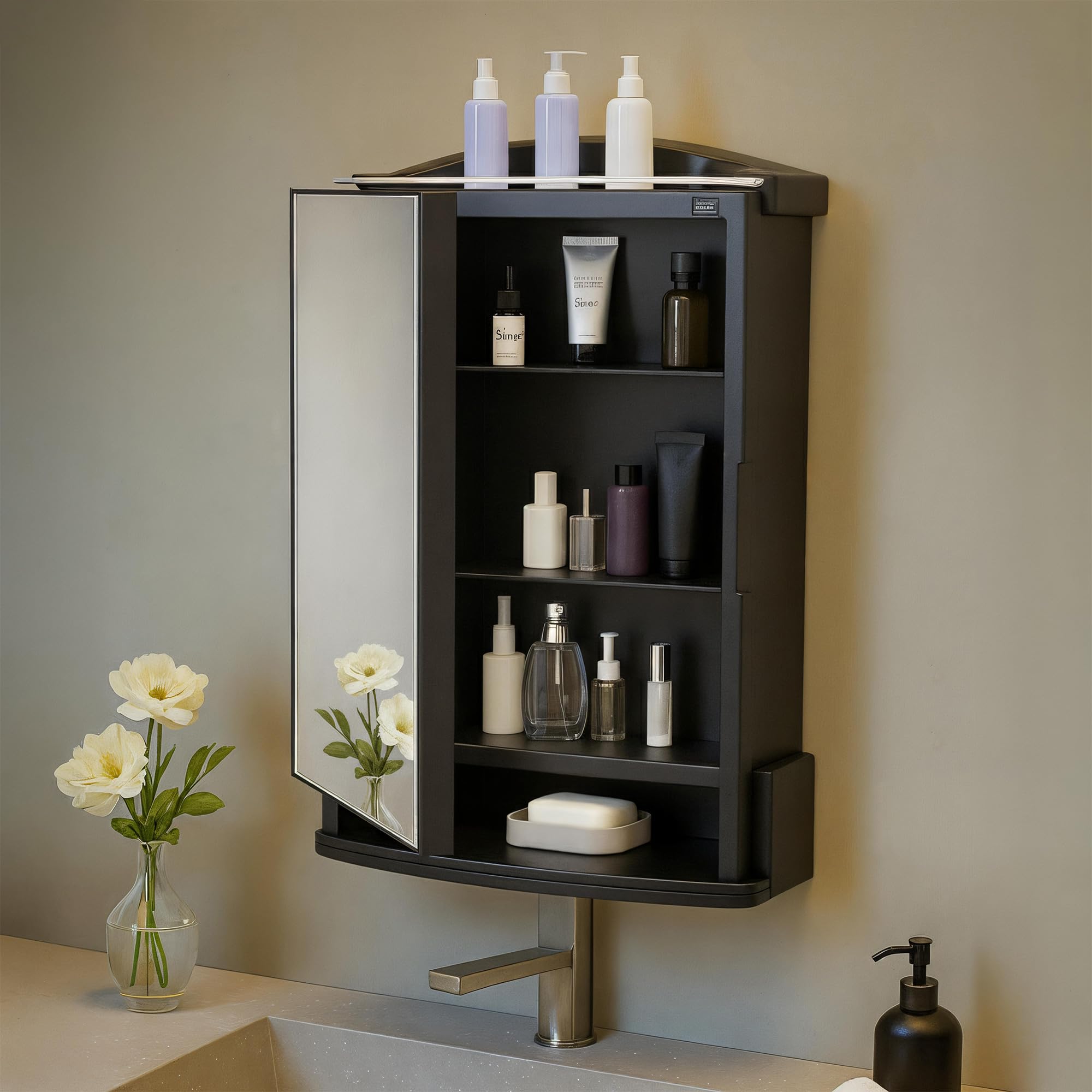 Kuber Industries Plastic Bathroom Mirror with Cabinet Storage Organiser | Multiple Compartment Washroom Shelves Wall Mounted | Ample Drawer Capacity for Personal Care Items | Black