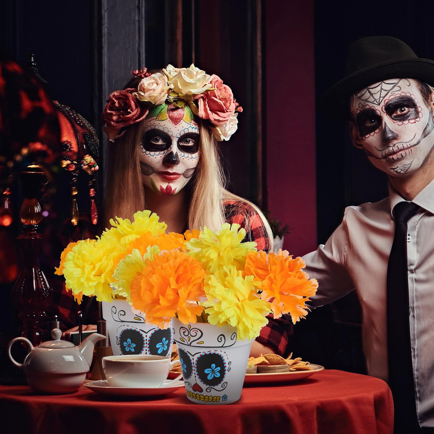 36 Pcs Day of The Dead Table Centerpiece Sugar Skull Pots with Marigold Flower Dia De Los Muertos Skeleton Centerpiece for Halloween Party Tables Decorations