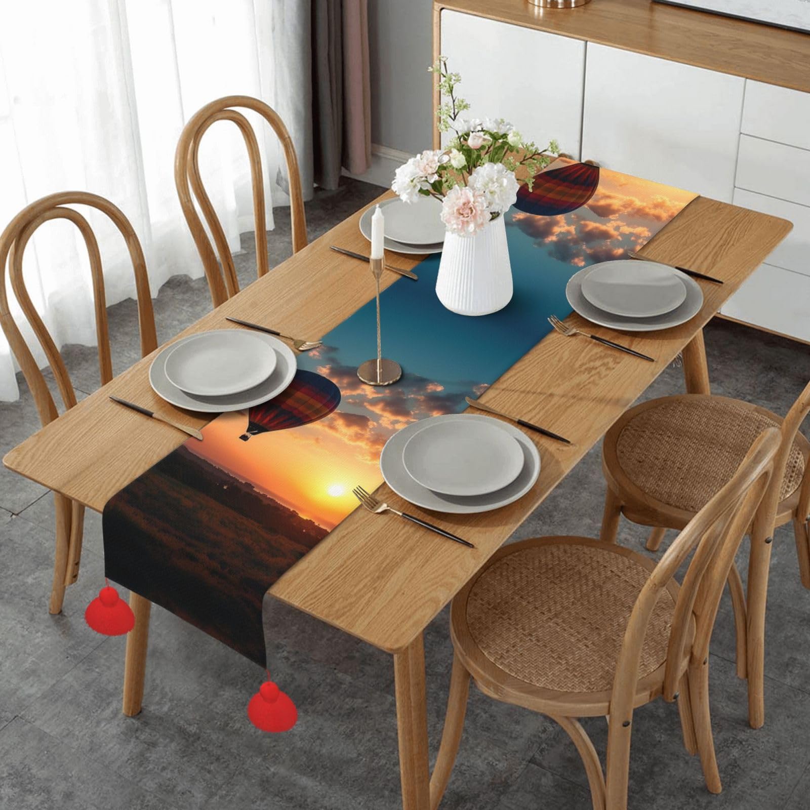 Chemin de table montgolfière en lin pour décoration de Noël et Halloween