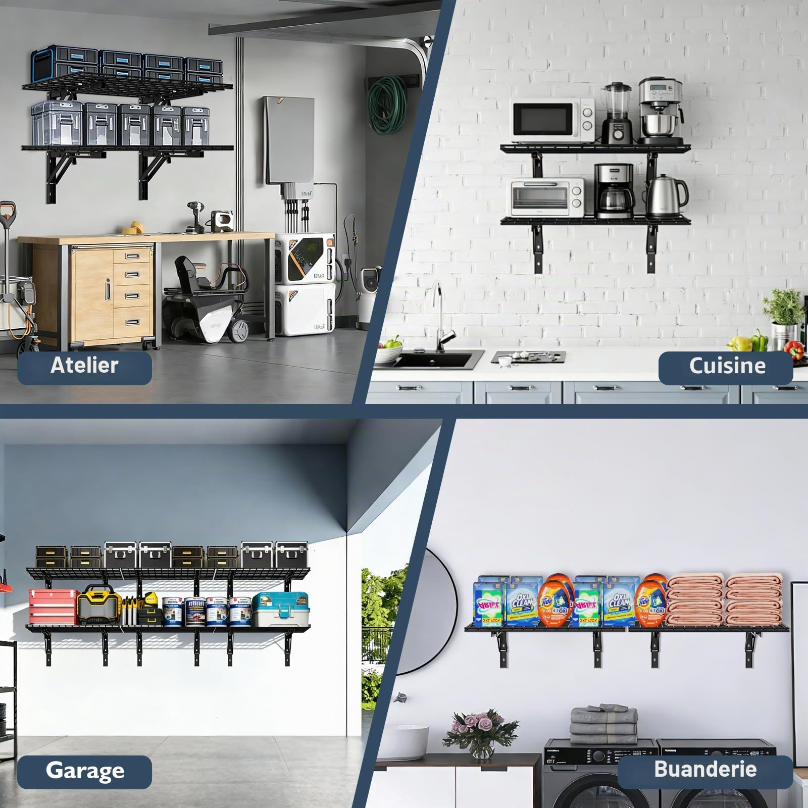 AIRAJ Étagère garage rangement pliable 91x60 cm, 2 pièces, étagère murale garage lourde 300 kg, métallique, pour garage, jardin, entrepôt – Noir, organisation du garage