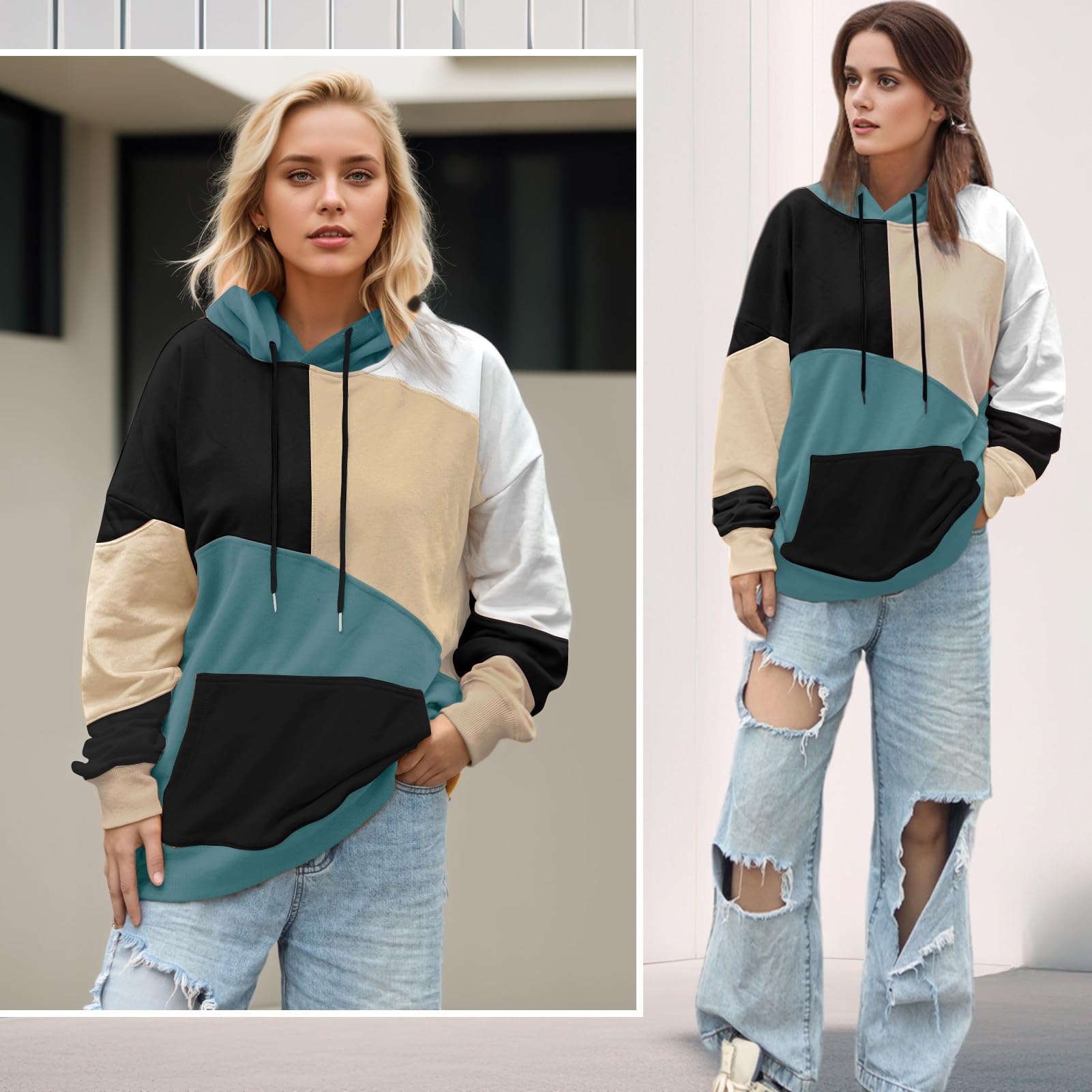 Herren Bunt Hoodie Baumwolle Kapuzenpullover mit Taschen Hoody | Kapuzenpulli Streetwear Casual Farbblock Sweatshirt Urban Pullover Herbst Winter