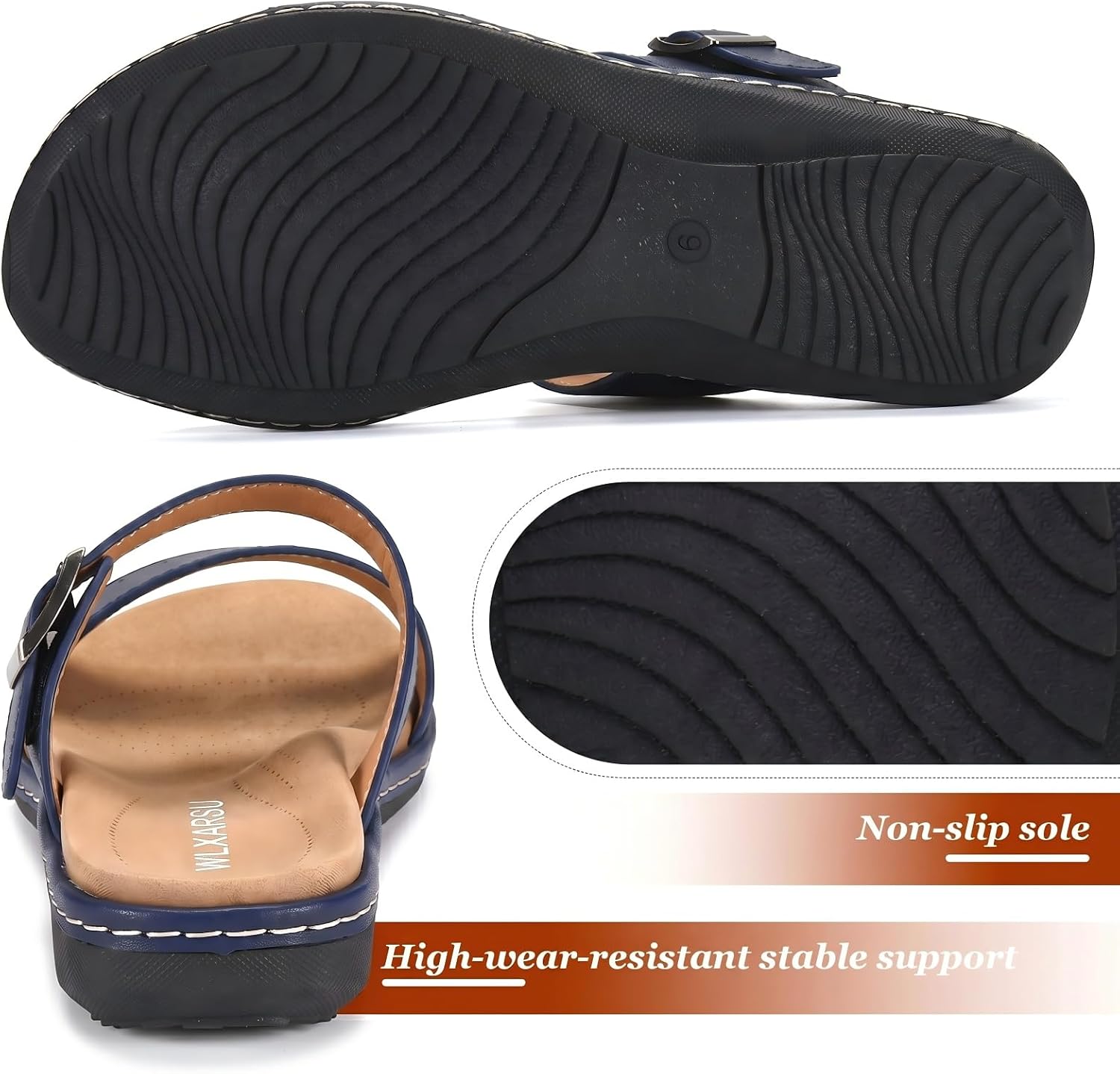 Women's Slide Sandals - Contoured Arch Support Comfort Footbed, Adjustable Buckle Strap, Lightweight Walking Slides