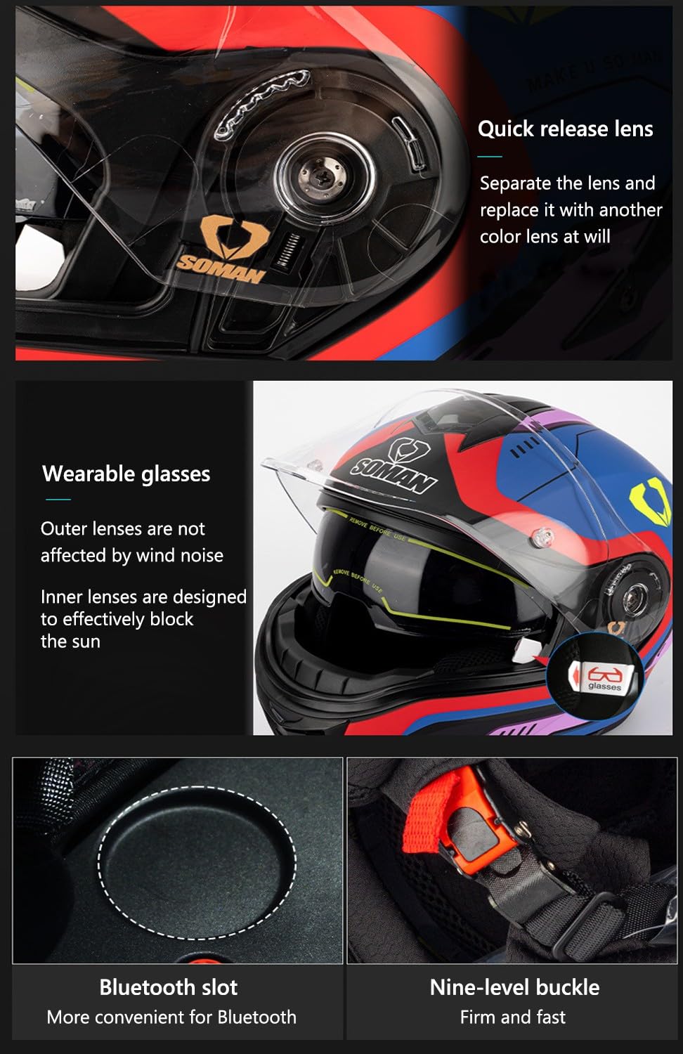 Klapphelm Bluetooth Motorradhelm ECEDOT-Zertifiziert Modularer Helm Erwachsene Damen und Herren Integriert Integralhelm mit Doppelvisier Modularer Motocrosshelme