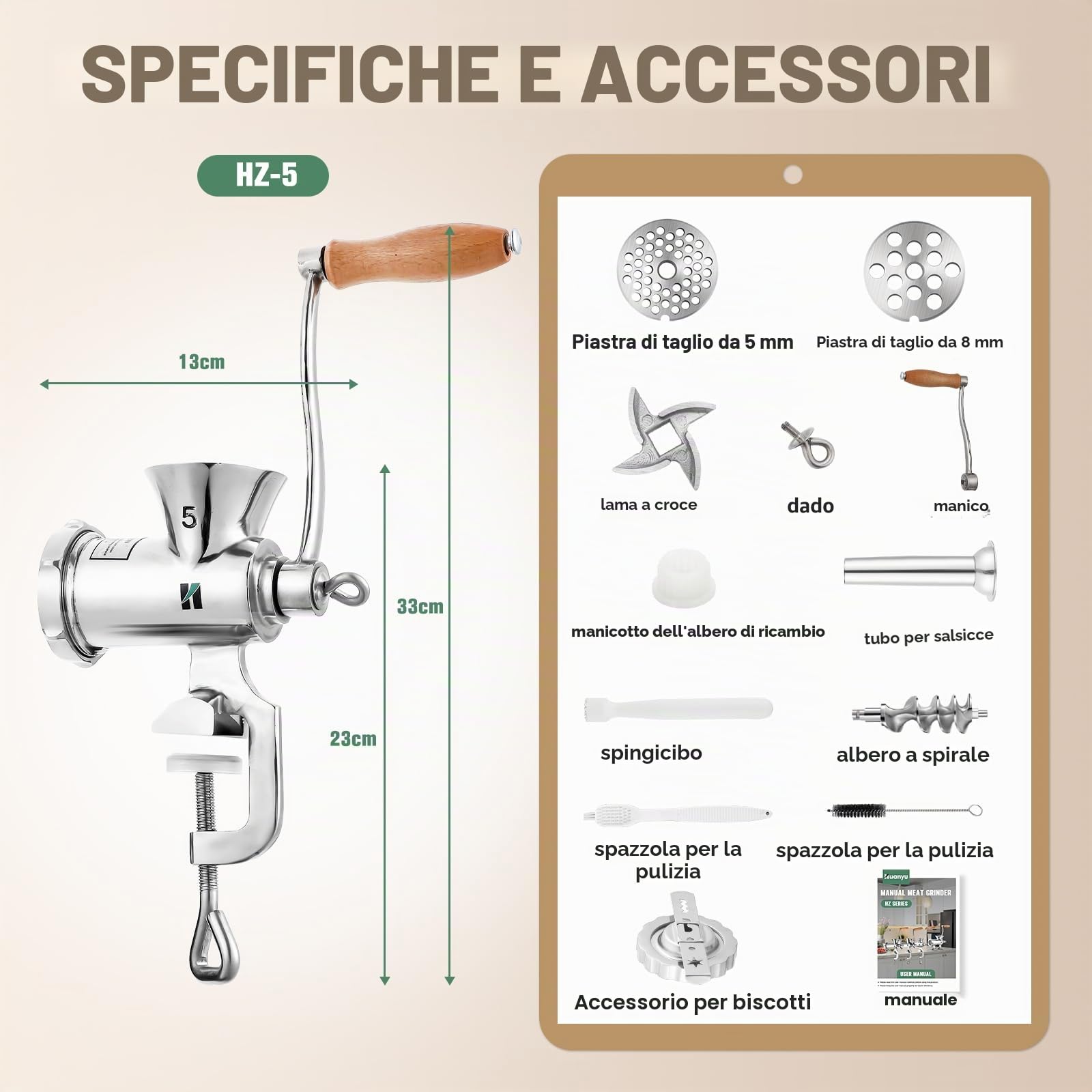 Huanyu Tritacarne manuale in acciaio inossidabile con insaccatrice per salsicce e accessorio per biscotti Lavabile in lavastoviglie Tritacarne manuale per carne bovina, suina e verdure (n. 5)