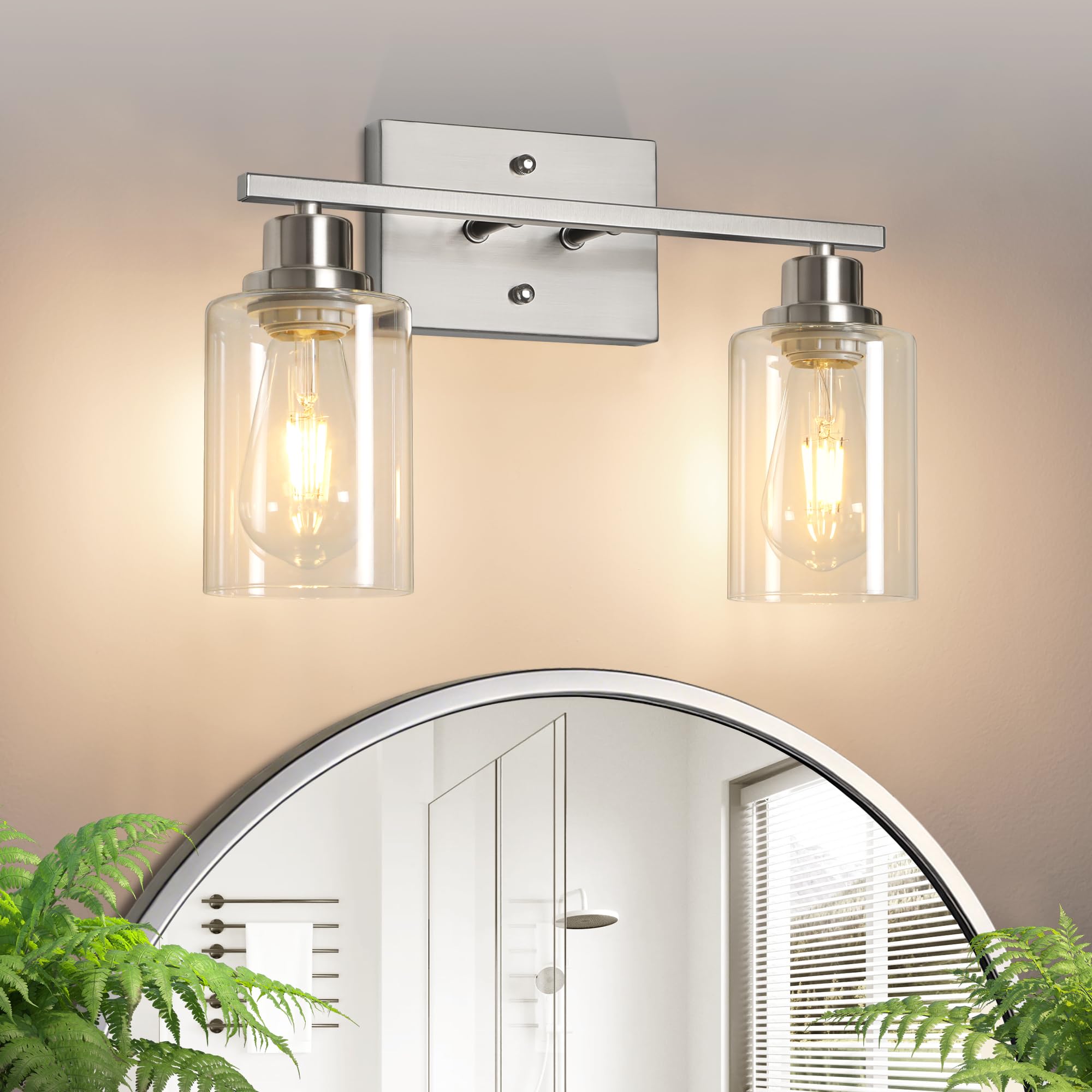 Ascher Bathroom Light Fixtures, 2-Light Vanity Light Over Mirror, Brushed Nickel Wall Sconces with Clear Glass Shades, Wall Lamp for Living Room Bedroom, E26 Base(Bulbs Not Included)