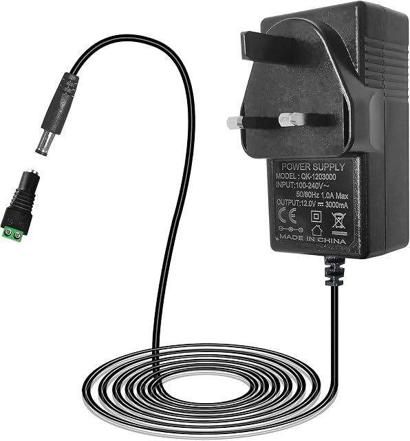 Zaby 12V 3A Power Supply, AC 100-240V to DC 12V Power Supply Plug, Low Votalage LED Adaptor for LED Lights CCTV Camera, 36W UK Plug with 1.1M Cable 5.5mm x 2.1mm Jack