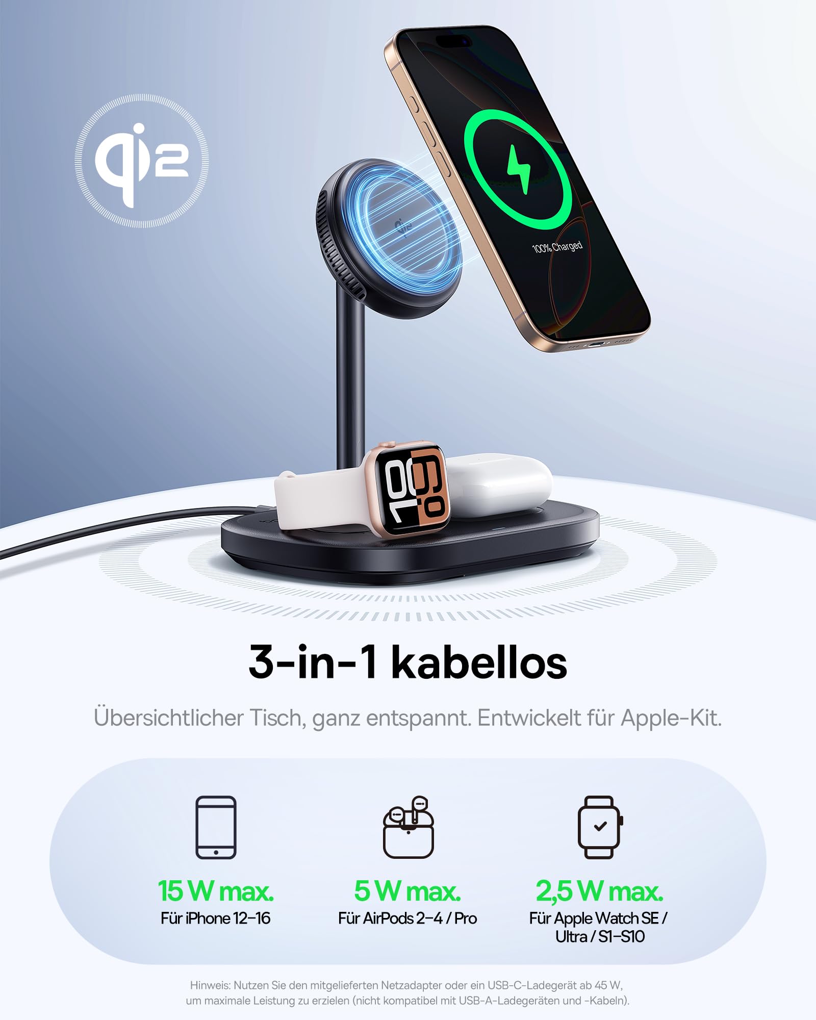 Baseus EnerFill 3-in-1 Kabelloses Ladegerät mit TEC Cooling, 22.5 W Kabellose Ladestation, Induktive Ladestation für Apple Watch und iPhone 16 15 14 13 12 Pro Max, für AirPod, mit 45 W Fast Charger