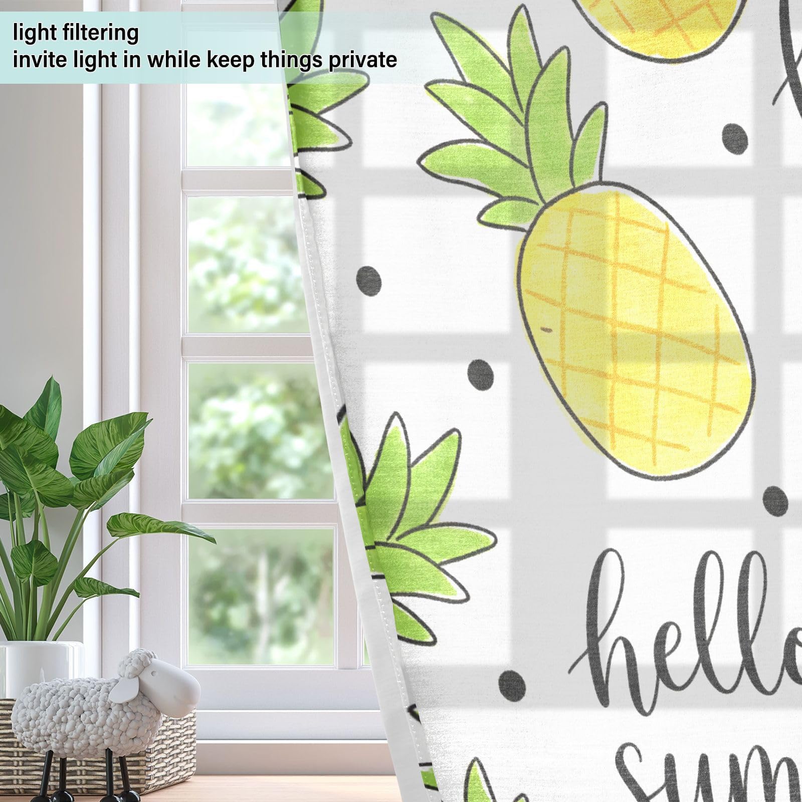 Cortinas decorativas que filtran la luz, bonitas piñas amarillas en verano, cortinas de sala de estar, 160 cm de largo, transparentes, juego de 2 paneles