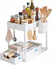 2 Tier Plastic Closet Organizer, Extendable Storage Drawers with Hooks, 15.6" x 8.5" x 15.7", White, Rectangular, for Kitchen and Bathroom Cabinet