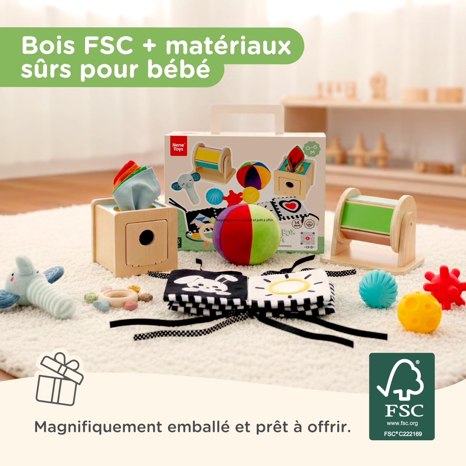 Nene Toys Jouet Montessori Bébé 0–6 Mois – Coffret Sensoriel 7-en-1 en Bois avec Livre Noir & Blanc, Boîte à Mouchoirs, Tambour Rotatif, Balles, Anneau de Dentition & Hochet – Cadeau Naissance