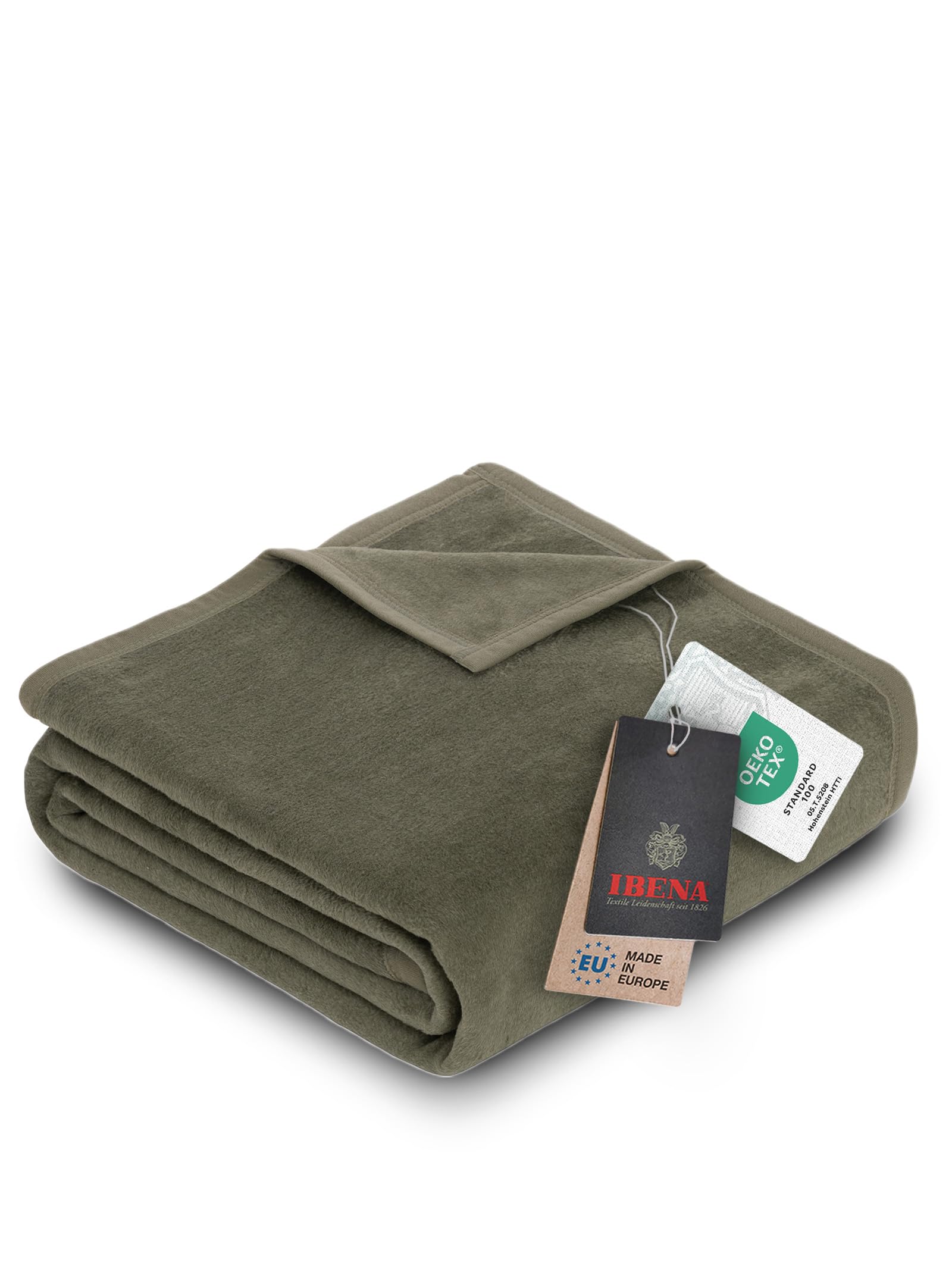 Ibena Porto Blanket 150 x 200 cm - Cotton Mix Soft, Warm & Washable, Cuddly Blanket Olive Plain