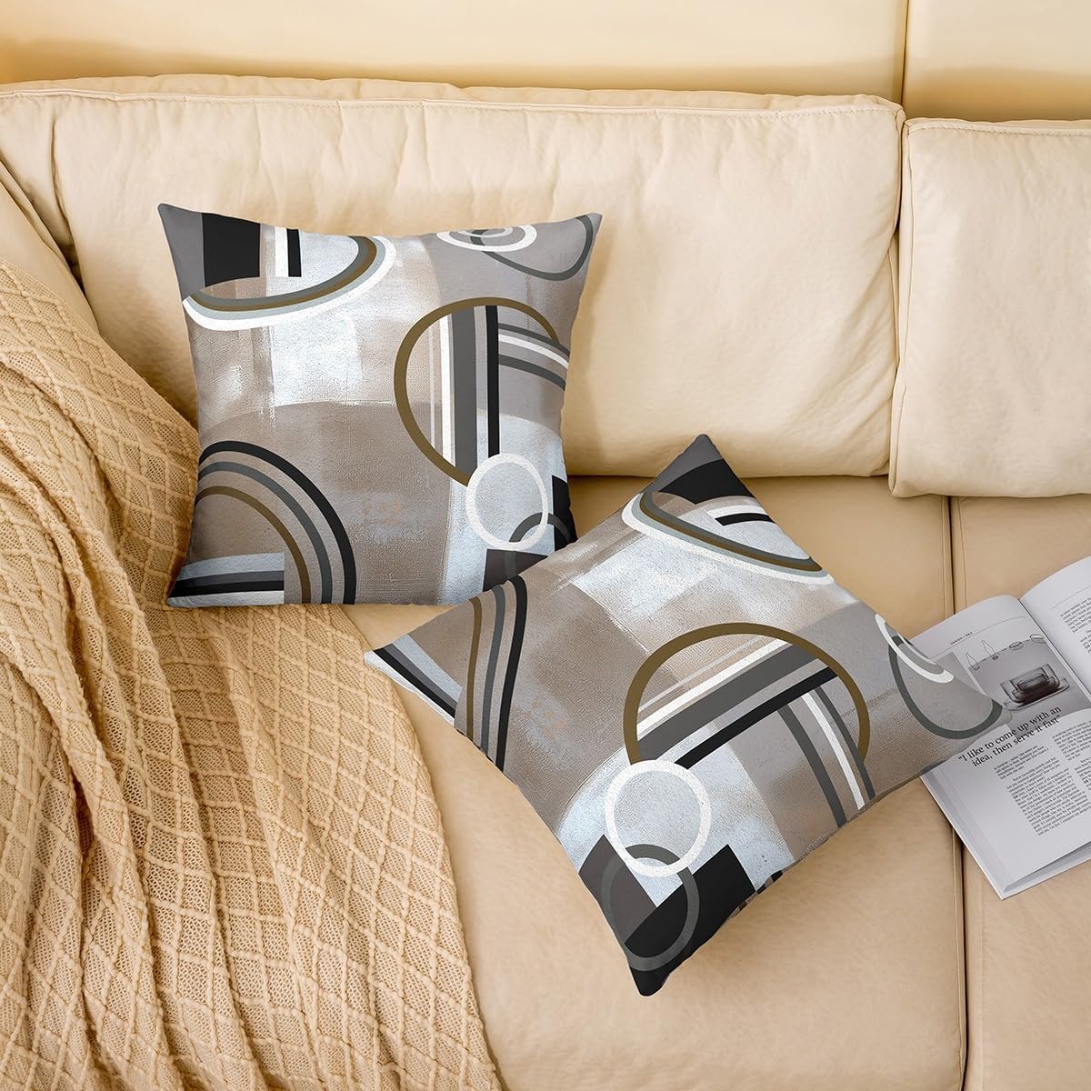 Brown Grey Throw Pillow Covers,Geometric Swirls Pillow Covers for Sofa Bed,Ombre Gradient Bedding,Modern Circular Stripes Abstract Art Decorative Square Pillow Cases,24x24 Inch Set of 2