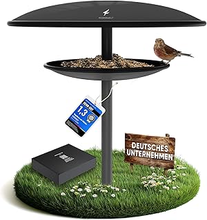 Vogelhaus mit Ständer wetterfest, rostfrei aus Stahl [XXL 40cm Dach] 2in1 Vogelfutterhaus und Vogeltränke Winterfest | Vogelfutterspender für Vögel | Moderne Garten Deko | Anthrazit
