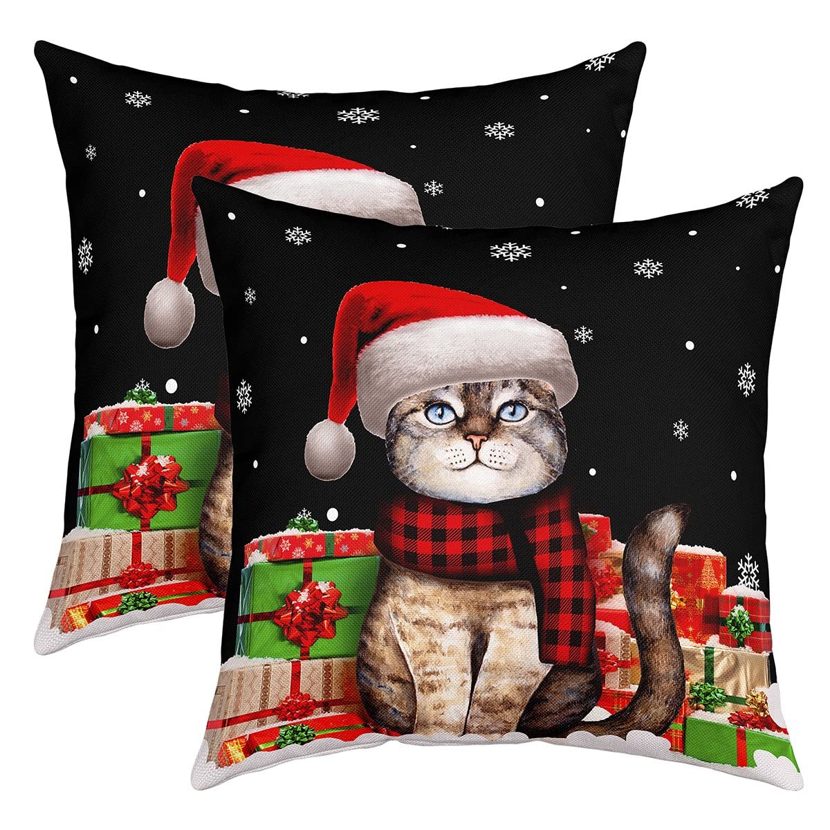 Loussiesd Świąteczna poszewka na poduszkę 50 x 50 cm zestaw 4 miękkich kotów płatek śniegu Boże Narodzenie motyw poszewki na poduszki poszewka na poduszkę do salonu pudełka na prezenty w kratkę bawoła dekoracyjne poszewki na poduszki na sofę