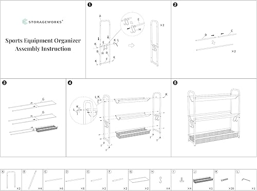 Miniatura 7 de StorageWorks Organizador de equipos deportivos de garaje, estante de bolas de 3 estantes para baloncesto, almacenamiento de juguetes de garaje