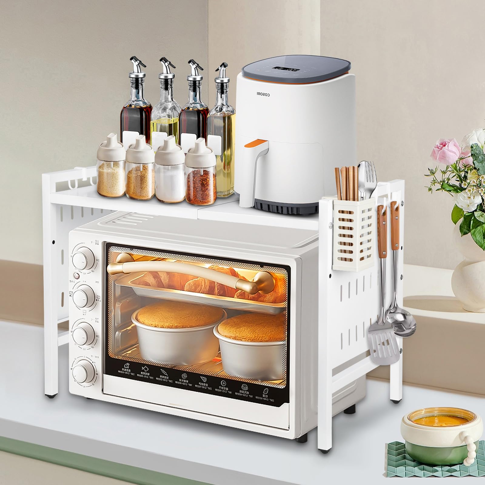 HUOLE Étagère pour Micro-Ondes, avec Crochets, étagère de Cuisine, Étagère à épices, Plan de Travail, étagère de Boulangerie,Étagère à Micro-Ondes Organiseur pour cuisi (42-68 * 36 * 46 cm-Blanc)