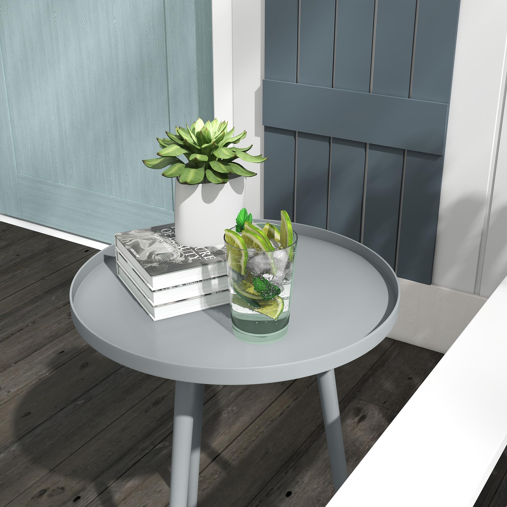 Outsunny Beistelltisch Garten, wetterfester Gartentisch mit erhöhtem Rand, Balkontisch aus Stahl, runder Kaffeetisch 20kg belastbar, Ø40x50H cm, Sofatisch für Outdoor Indoor Balkon Terrasse Grau