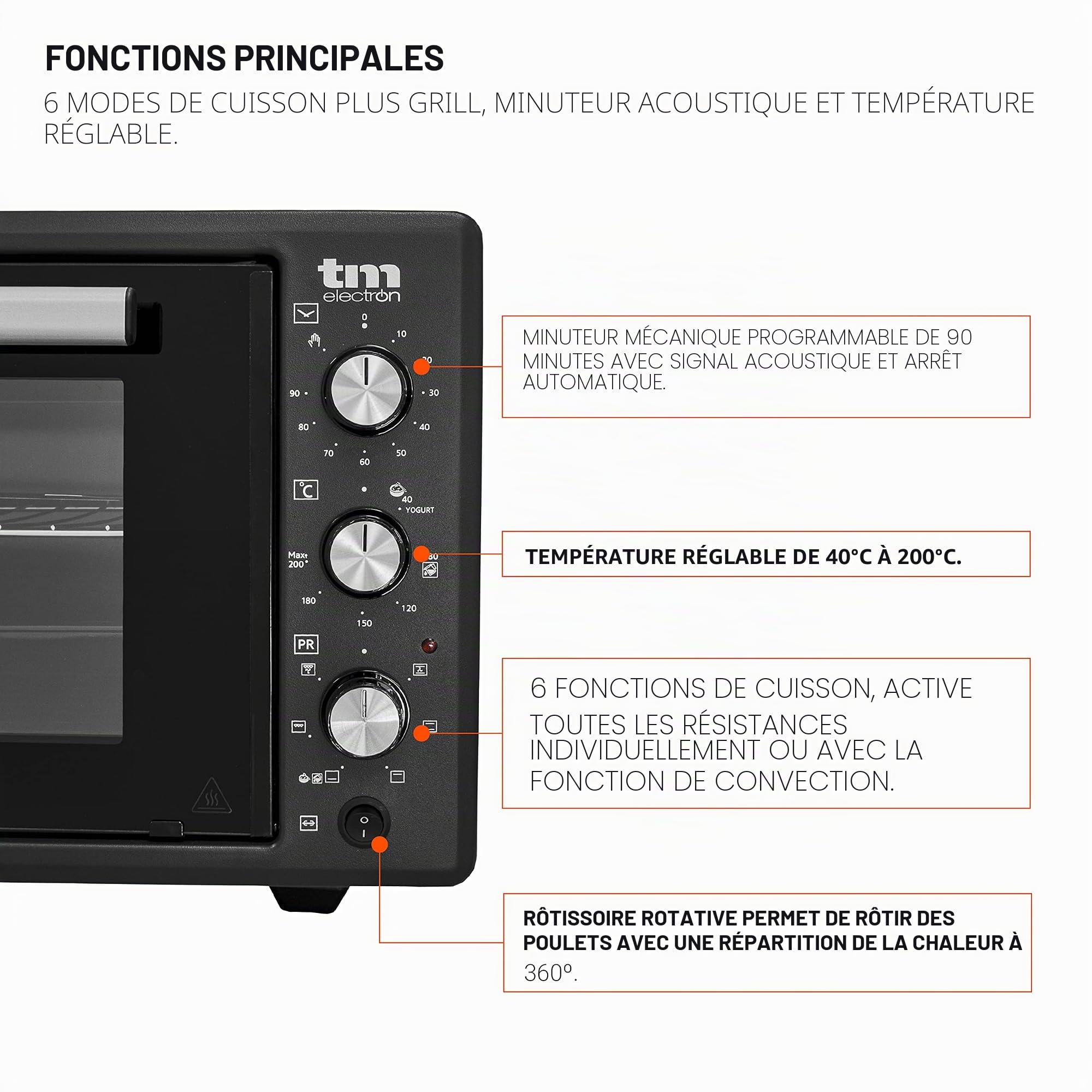 TM Electron TMPHO045 Four à convection de table, 6 fonctions, capacité de 45 litres, minuterie 90 minutes, température réglable de 80° à 250°, 1400 W
