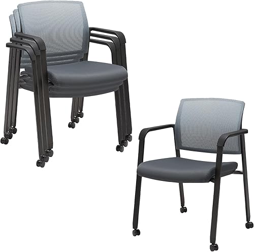 Miniatura 91 de CLATINA Silla de sala de espera negra con ruedas y respaldo de malla apilable con asiento de tela tapizado y soporte lumbar ergonómico para oficina