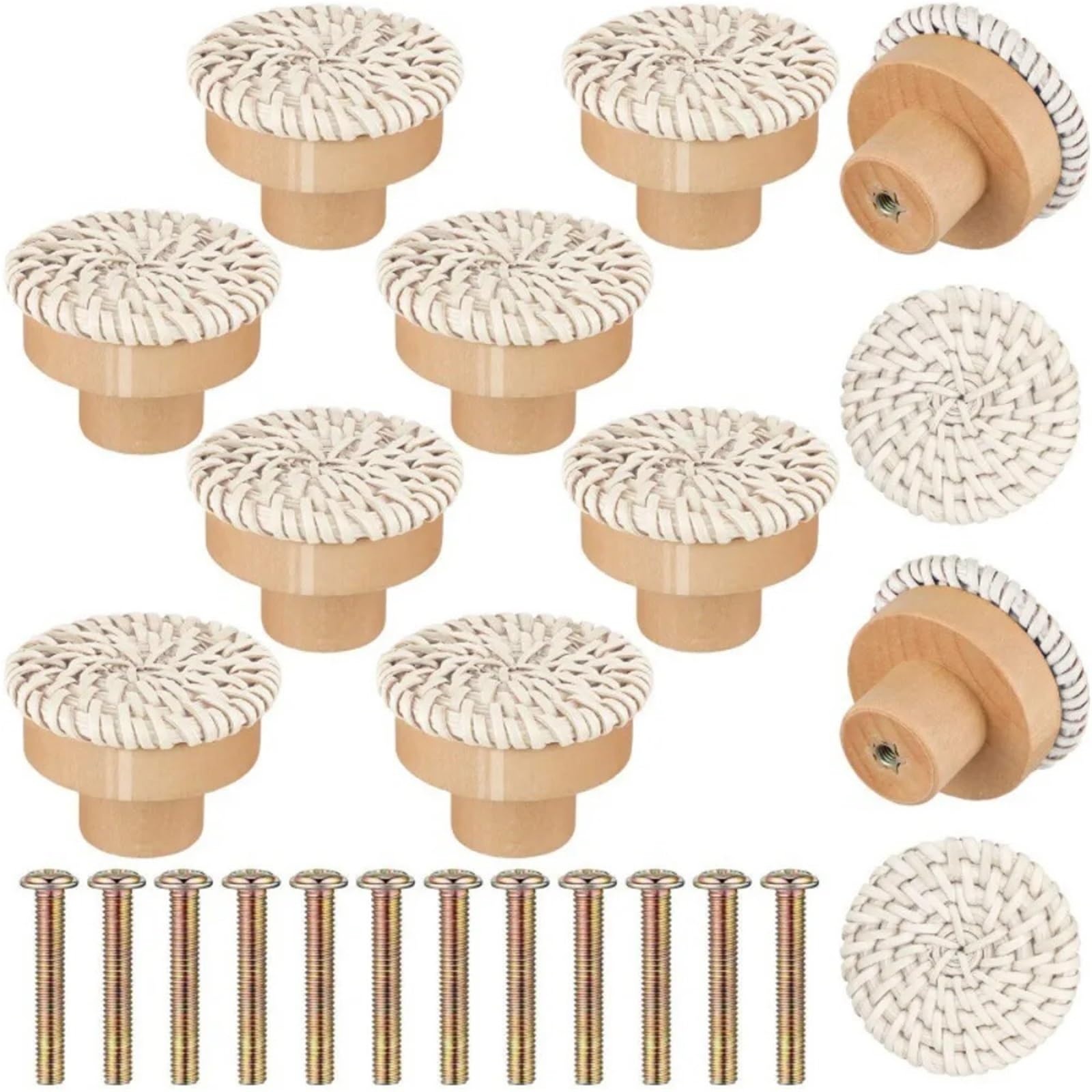 Lsnnmu White 16Pcs Cupboard Door Handle Wooden Handles Dresser Pulls Woven Rattan Drawer Knobs Burlywood Cabinet Round Wardrobe Home For Home(White)