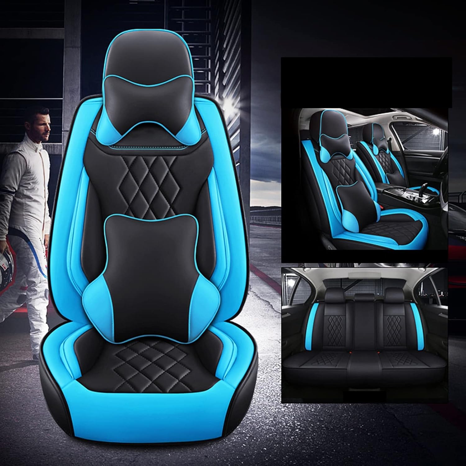 New Car Seat Cover for 5 Seat Sedan SUV Full Leather All Inclusive Car Seat Cushion Adjustable Removable Leather Seat Cushion with 2 Headrests and 2 Cushions,B (C)