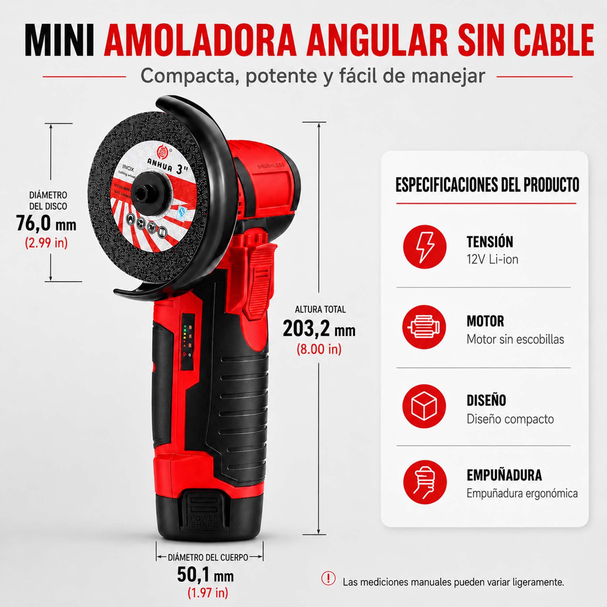 Mini amoladora angular con batería, 12 V, 76 mm (3 pulgadas) sin escobillas