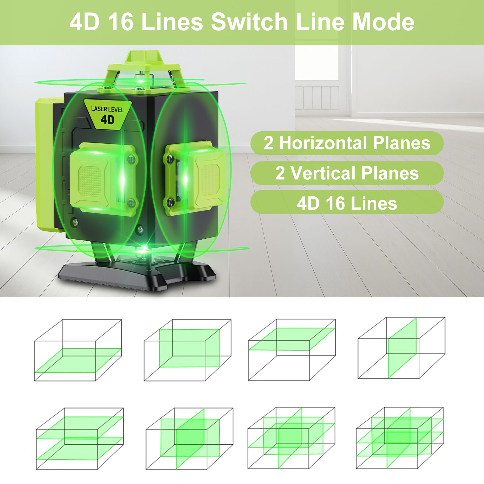 【avec Trépied】Niveau Laser 4 x 360°, 16 Lignes Vert Laser Chantier Professionnel pour la Construction et l'Accrochage de Photos, Autonivellement, Batterie Rechargeable