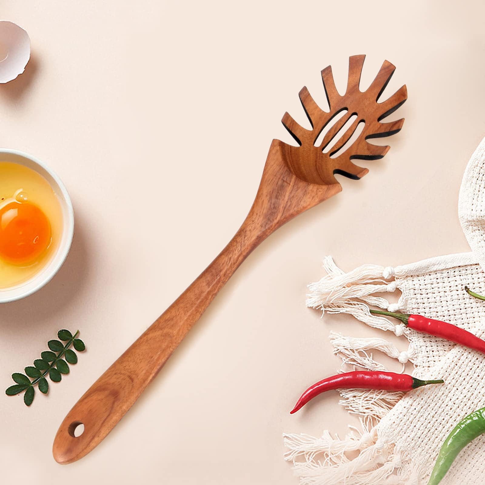 Cuillère à Spaghetti En Bois De Hêtre - Avec Dents - Résistante à La Chaleur - 32 Cm - Ustensile De Cuisine Multifonction