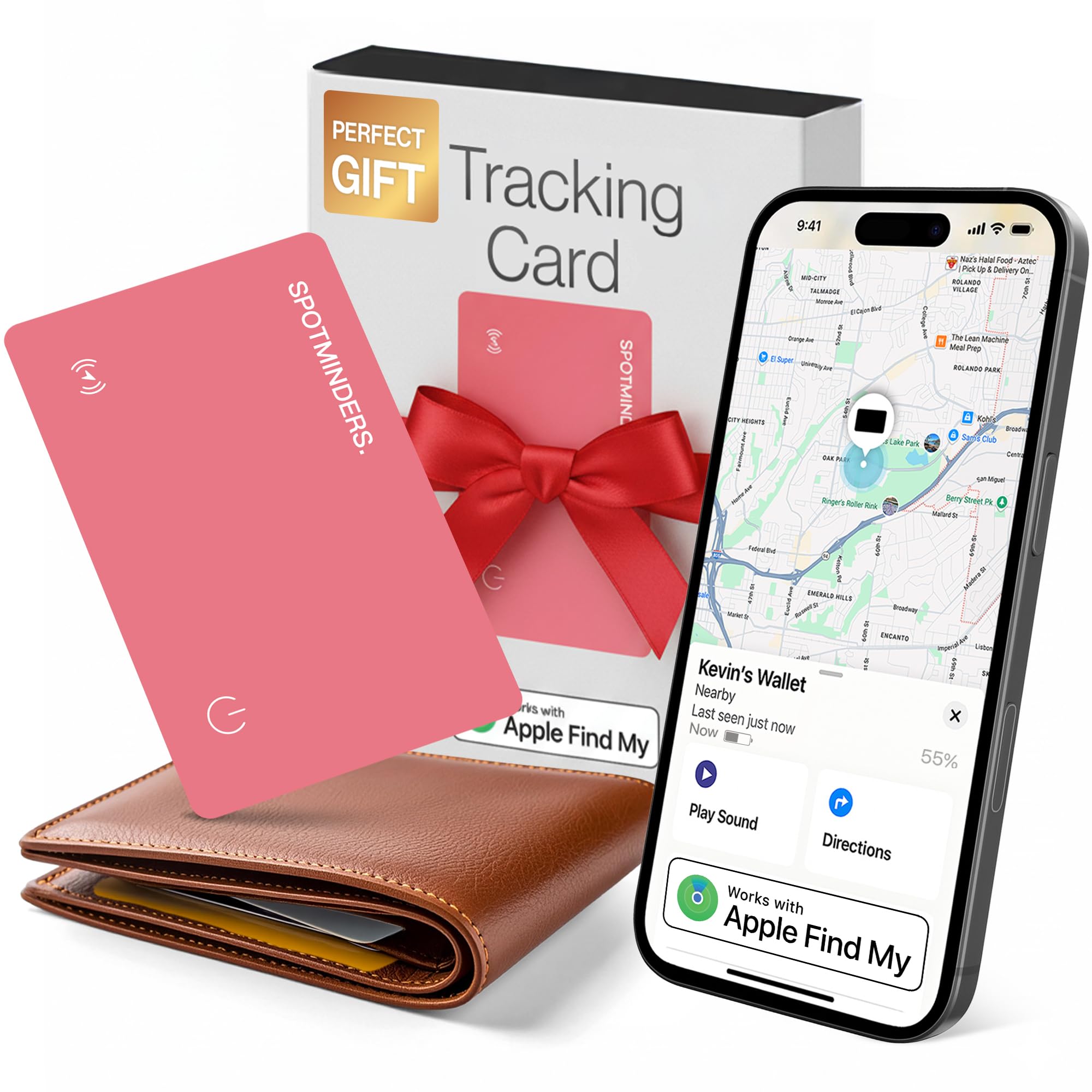 SPOTMINDERS Apple MFi Certified Wallet Tracker for Valentines Day Gifts for Women (iOS Only) Works with Apple Find My IP68 Rechargeable Tracking Card 0.07in Slim iPhone Item Finder for Luggage, Purse
