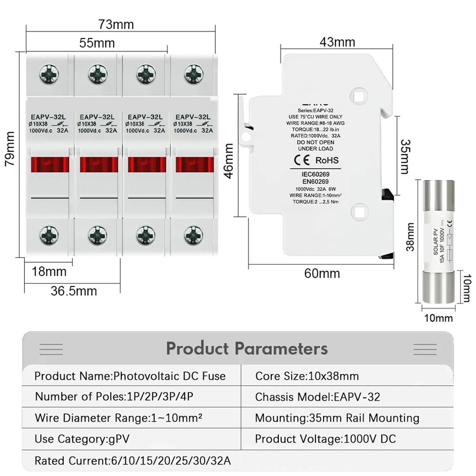 Luce per fusibili solari fotovoltaici CC per guida DIN 10 x 38 mm, fusibile fotovoltaico CC fotovoltaico, 1 pezzo(6A,EAPV-32L-3P)