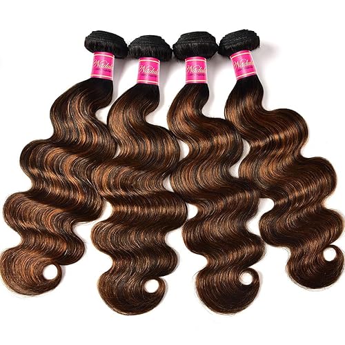 Miniatura 4 de Nadula 3 manojos de cabello humano ondulado marrón 12A balayage ombré, extensiones de cabello humano brasileño Remy con reflejos marrón chocolate,