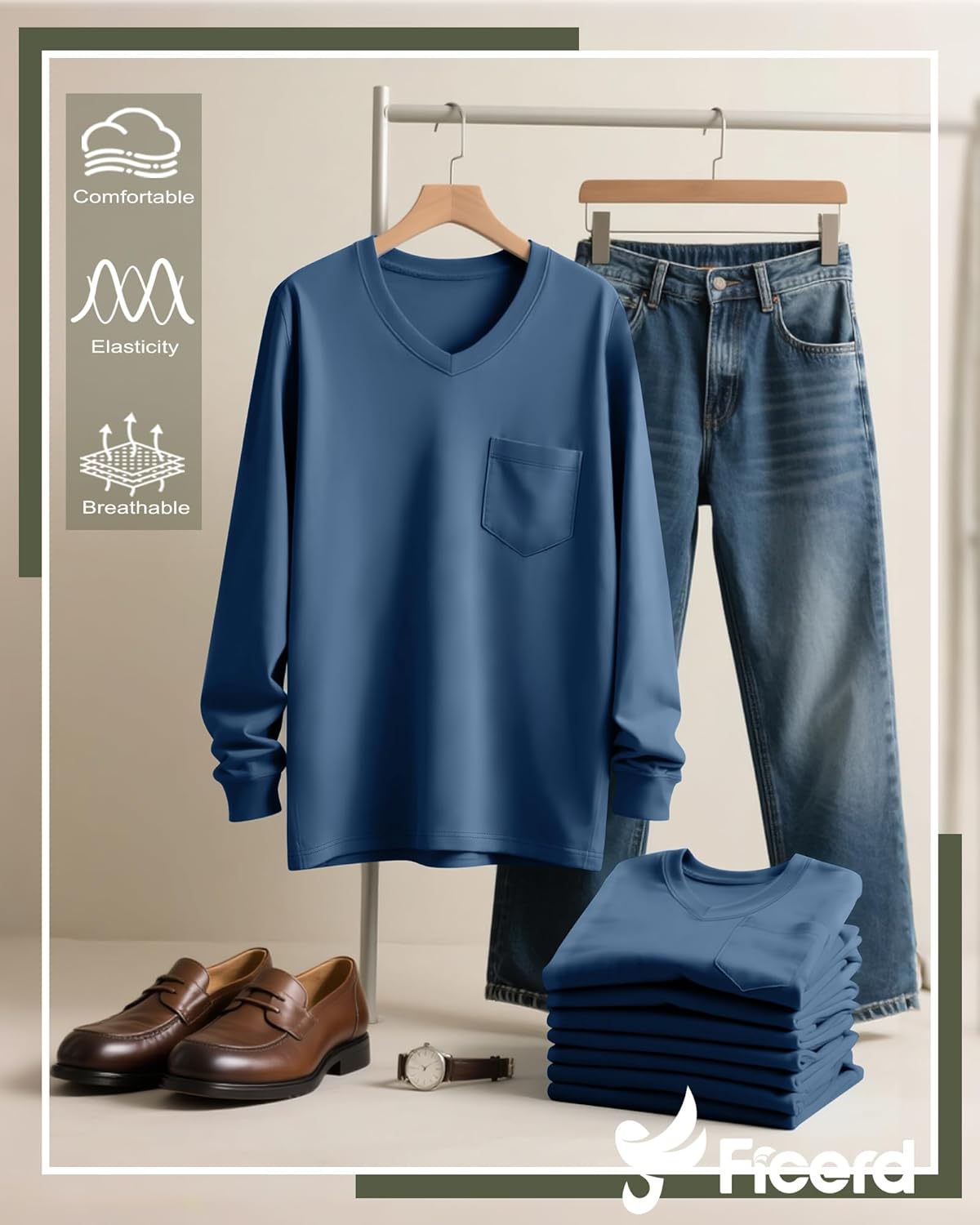 Ficerd 3 Pack Men's Big and Tall V Neck Shirts with Pocket Long Sleeve Plus Size Tops Basic Casual Loose Fall Tee - Image 3