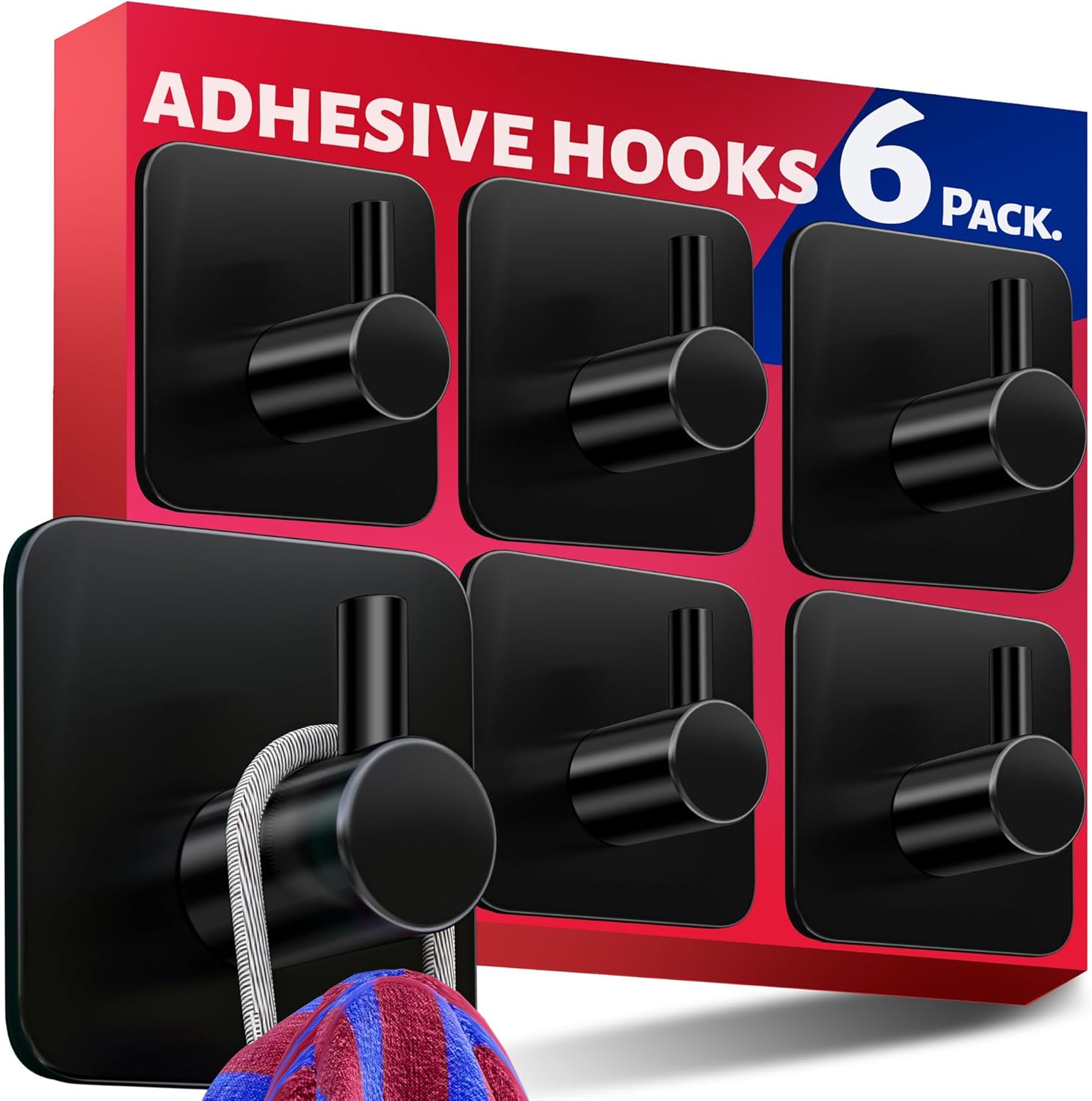 Menz Self Adhesive Hooks Set of 6, Black Stick on Hooks, Sticky