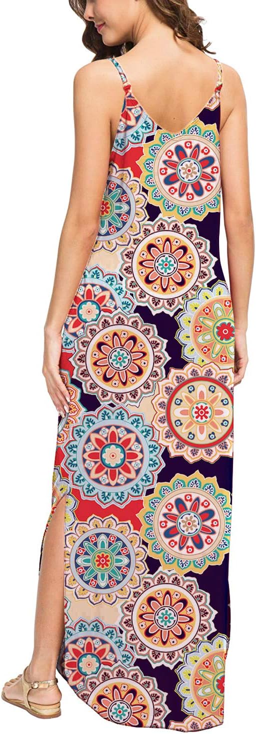 Donnalla Womens Summer Casual Loose V-Neck Dress Sleeveless Long Nightgown Spaghetti Strap Split Maxi Dresses(Geometric Small)