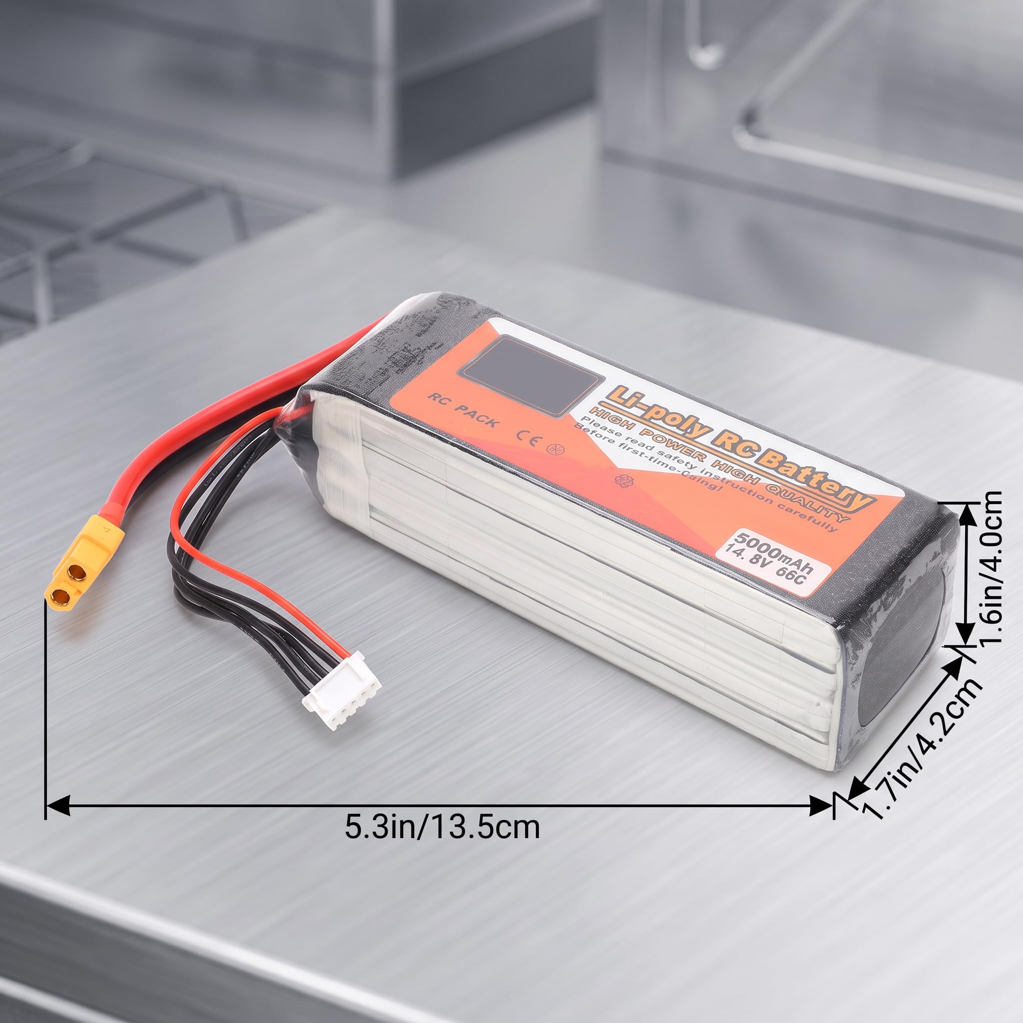 Batteria Lipo 4S 14.8V 60C 5000mAh | XT60, Alta Scarica, per Drone Elicottero Auto Barca RC, Dimensioni 135x42x40mm, Peso 522g