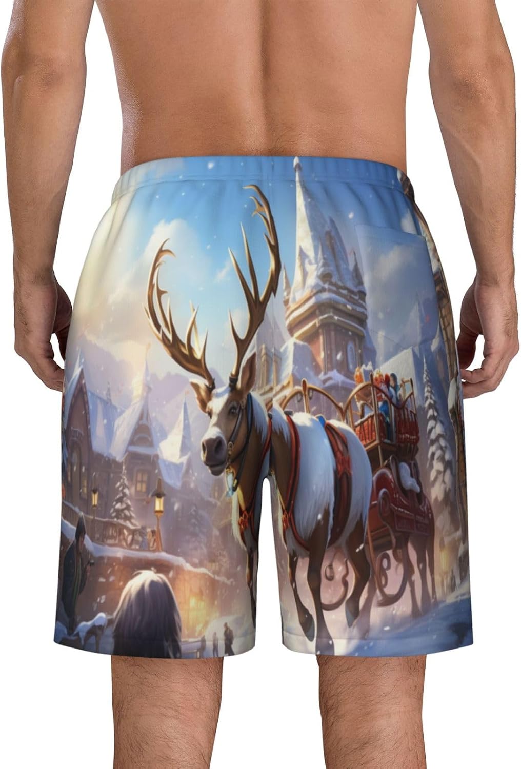 Giant Reindeer Pulling a Sleigh Men Beach Pants â€“ Swim Trunks for Men,Quick-Dry and Comfortable, Suitable for Beach, Surf, and Everyday Wear Black