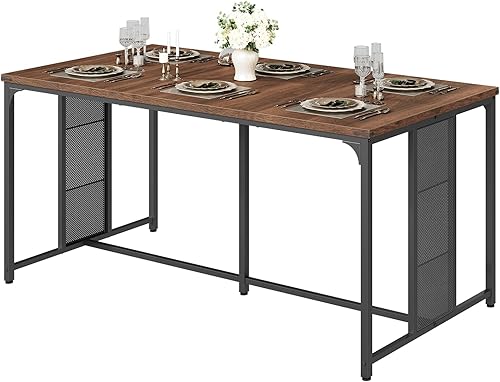 Miniatura 6 de Mesa de comedor para 6-8, mesa de cocina grande de 63 pulgadas, mesa de comedor industrial, mesa rectangular de madera con pies ajustables, para