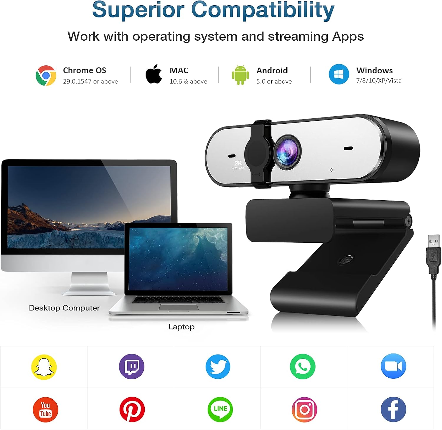 2K Webcam, Full HD Webcam for PC, Web Camera with Microphone, Tripod, Auto-Focus, Privacy Cover, USB, for Live Streaming & Video Conferencing