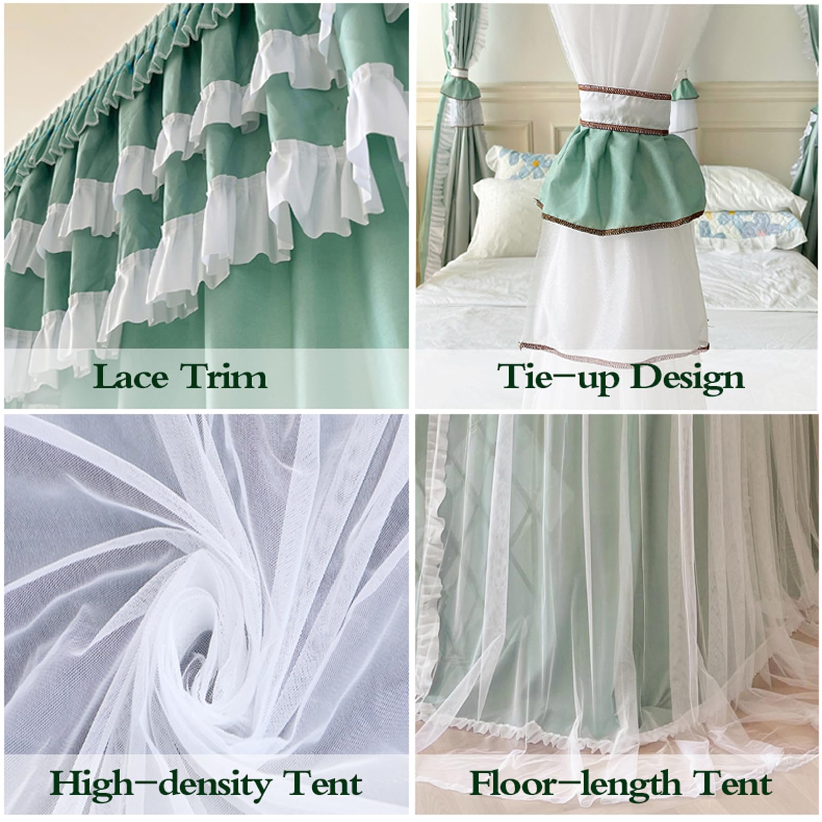 Four Poster Bed Canopy with 3 Doors, Soft Polyester Mosquito Net & Dust Cover for Double Beds, Easy Access Privacy Drapes for Bedroom Decor, Kids Girls Adults, Stylowy ekran z przekąską w pokoju