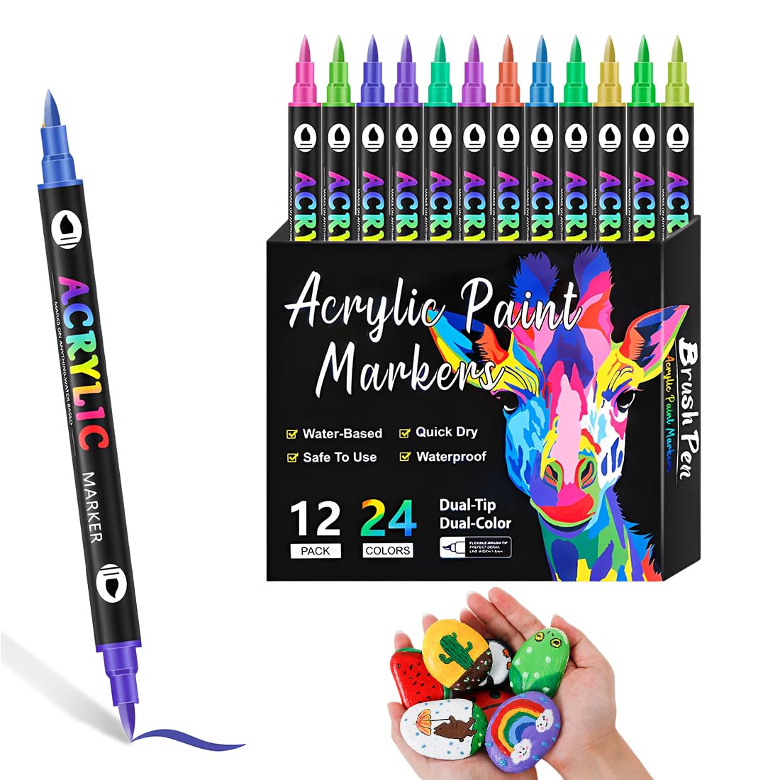 12 Rotuladores Acrilicos Doble Punta, 24 Colores No Transparente, Ideal para Manualidades y Escuela, 16.5 cm