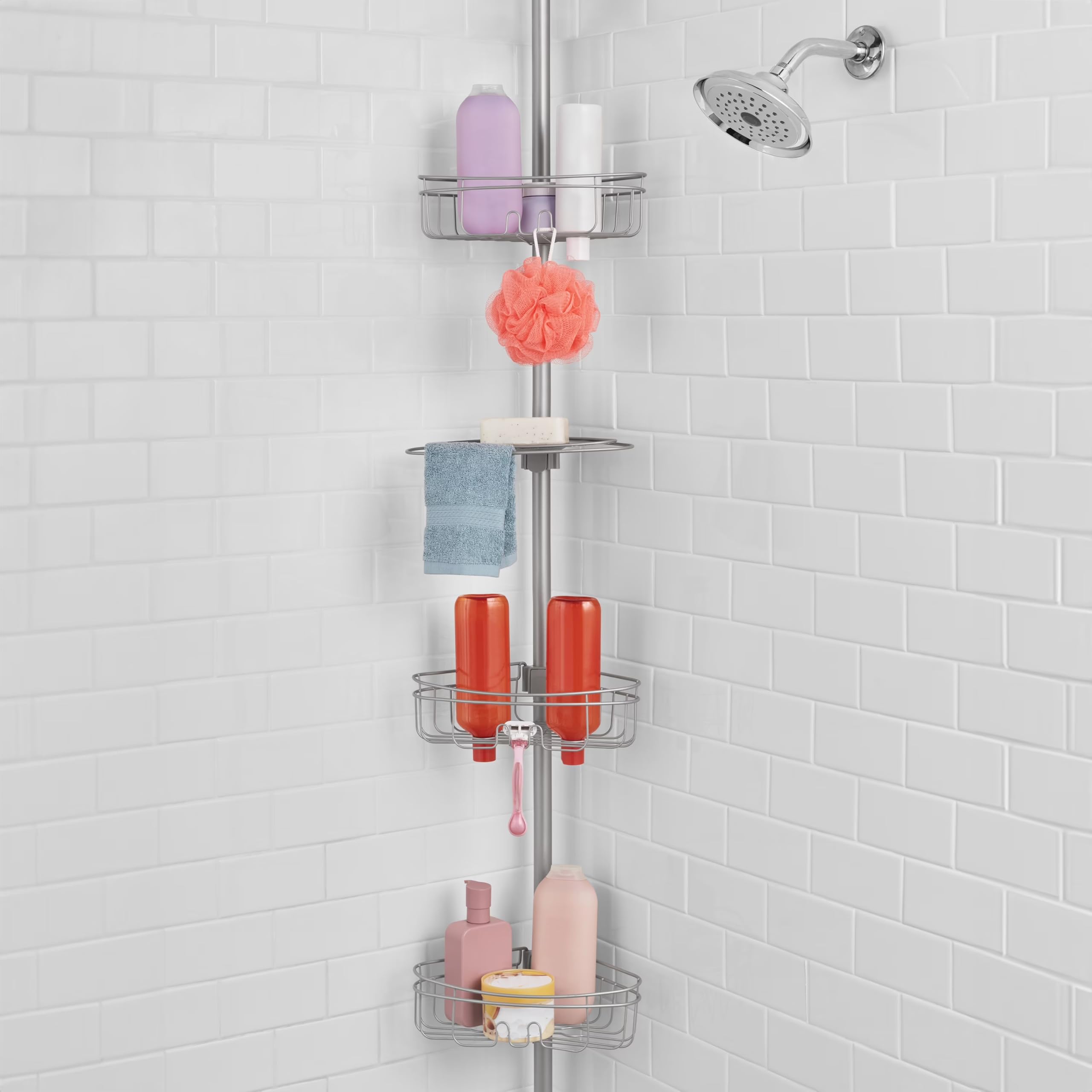 Tension Rod Shower Caddy Rust-Resistant 3 Tier Corner Pole Caddy 5-8 Ft Satin Nickel
