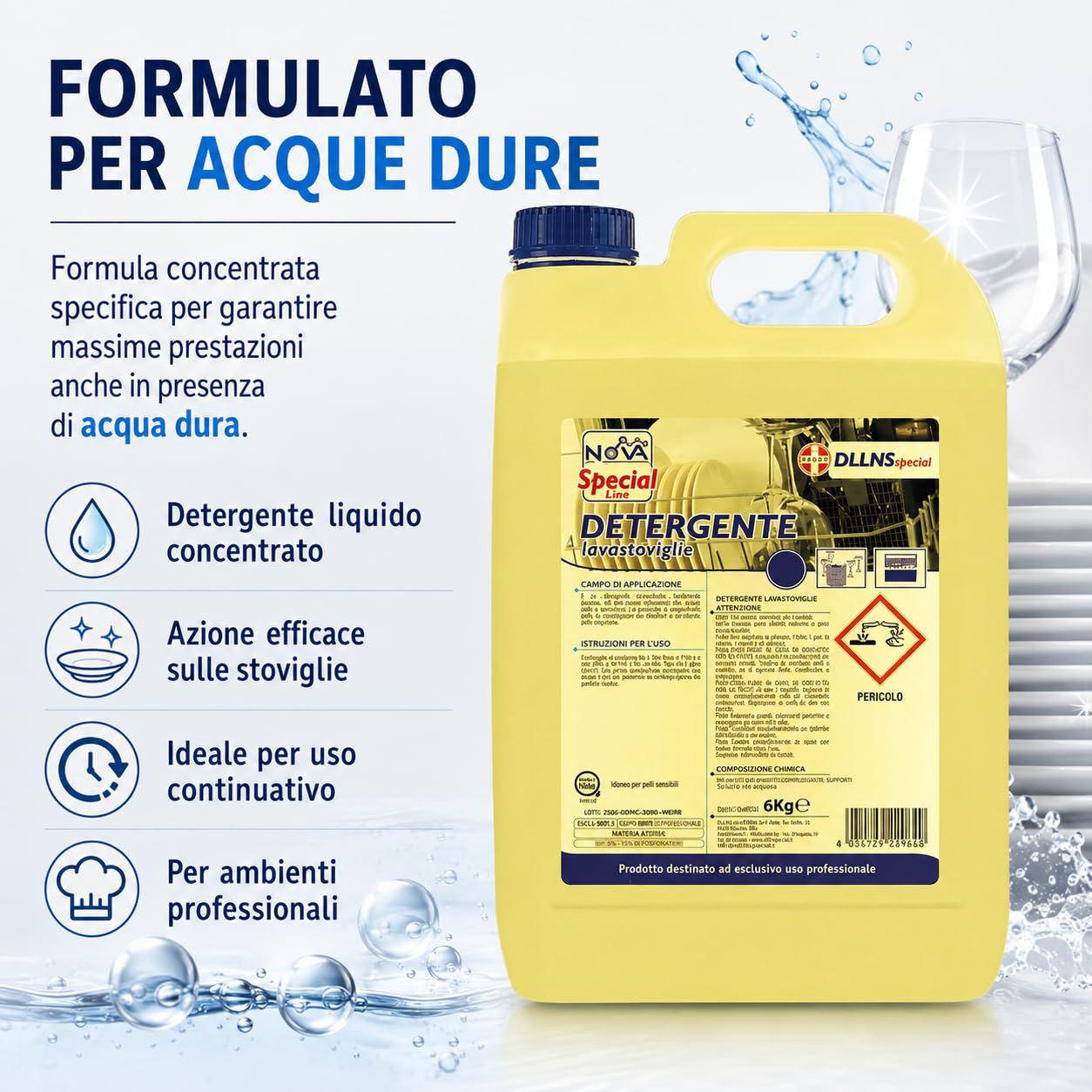 Detergente Lavastoviglie Professionale Liquido, 4 Taniche da 6 kg, Detergente Concentrato per Acque Dure, Pulizia Stoviglie per Ristoranti, Hotel, Bar e Cucine Professionali