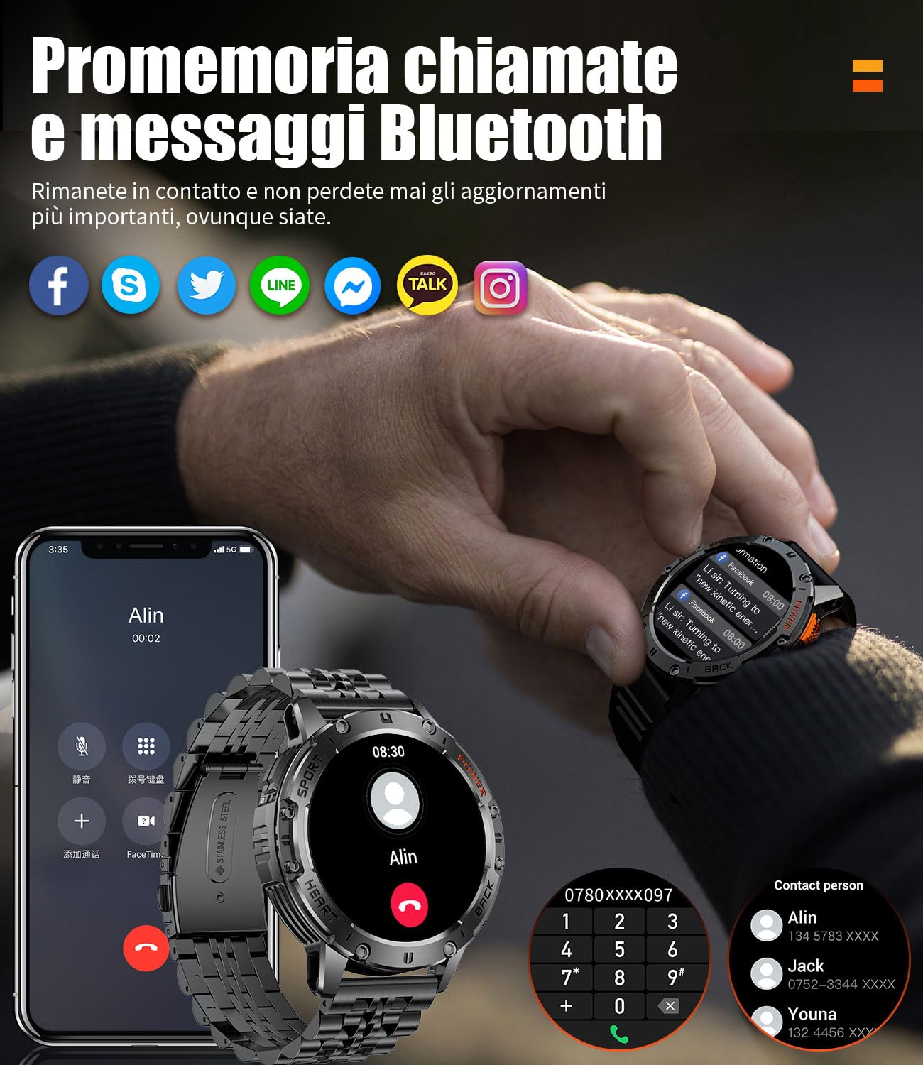 ESFOE Orologio Smartwatch Uomo con Torcia LED(3 Cinturini),1,43'' AMOLED Militari Smart Watch con impermeabile 5ATM,530 mAh Fitness Tracker Contapassi 120+ Modalità Sport robusto orologio con Chiamate