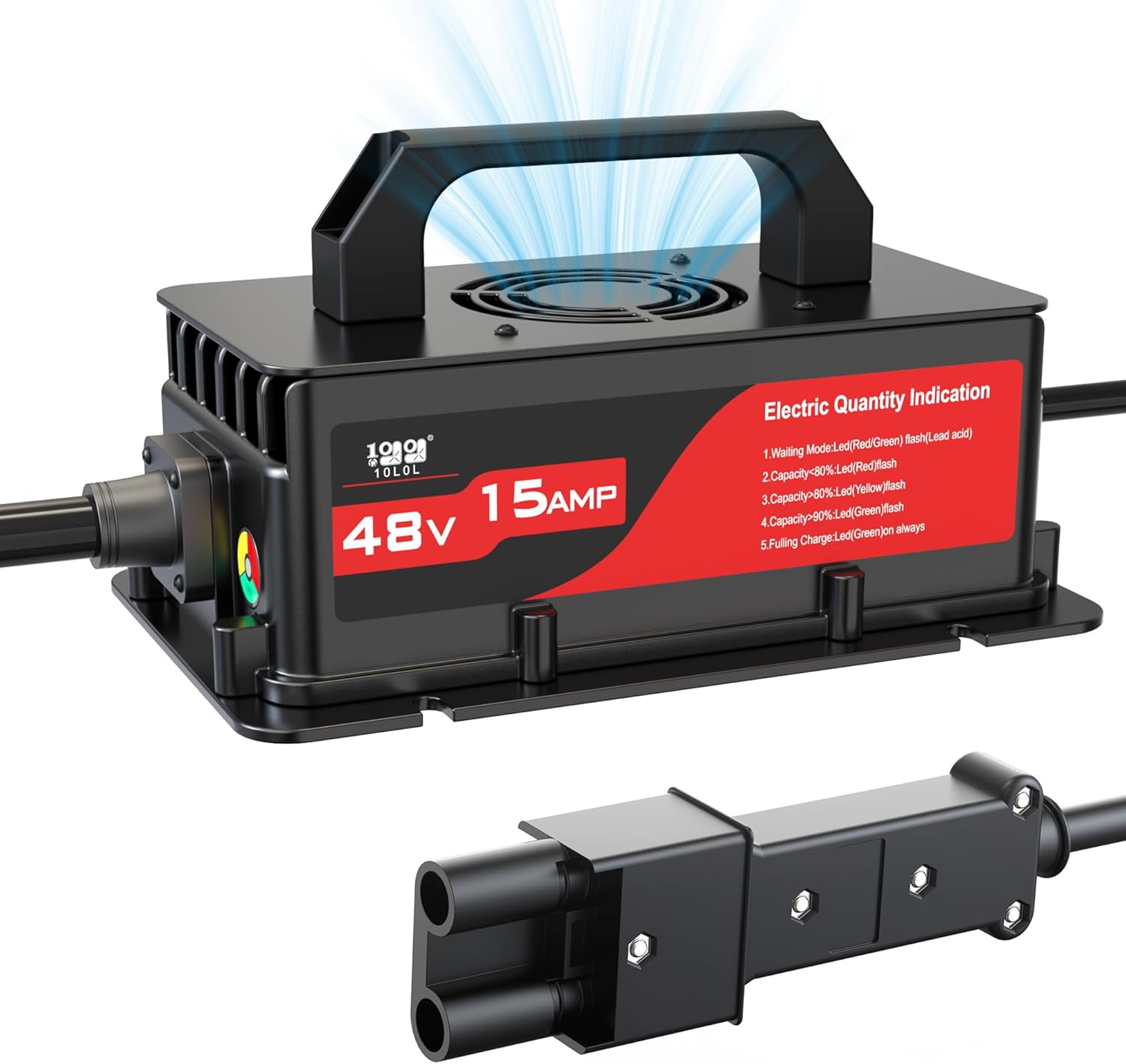 10L0L 15 Amp 48 Volt Golf Cart Battery Charger for Yamaha G19/G22 (1996-2002/2003-2007) Carts 16 FT Cord with Trickle Charge, IP67 Waterproof 2-pin Plug for Lead-Acid Battery (Black)