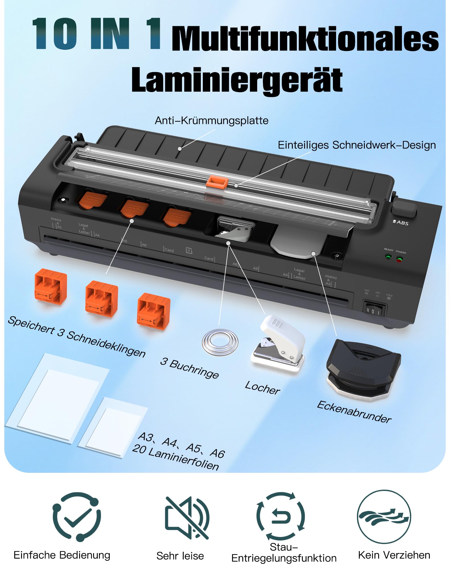 A3 Laminiergerät mit 20 Laminierfolien – Heiß und Kalt Foliergerät für A3 A4 A5 A6 mit Papierschneider und Eckenabrunder für Büro, Schule, Geschäft und Zuhause, Schwarz