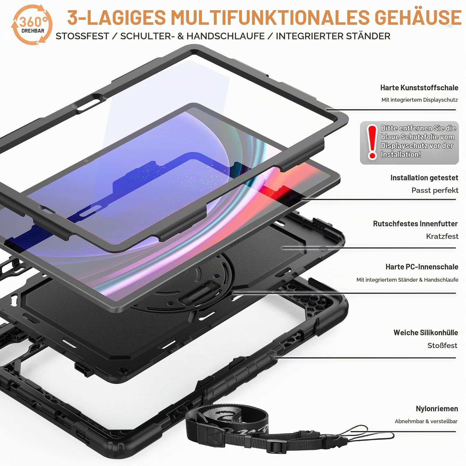 Timecity Hülle für Samsung Galaxy Tab S10+ Plus / S9 FE+ Plus / S9+ Plus | 12,4 Zoll, 2024/2023, mit Stoßfeste Displayschutz, 360° Drehbarem Ständer, Handschlaufe, Schultergurt, Stifthalter, Schwarz
