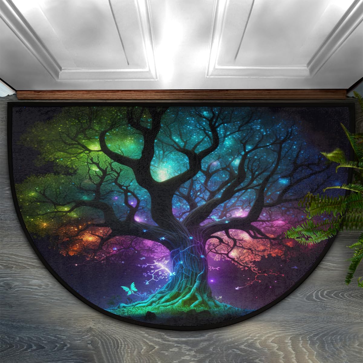 Alfombra semicircular Lavable con diseño de árbol de la Vida galáctico.