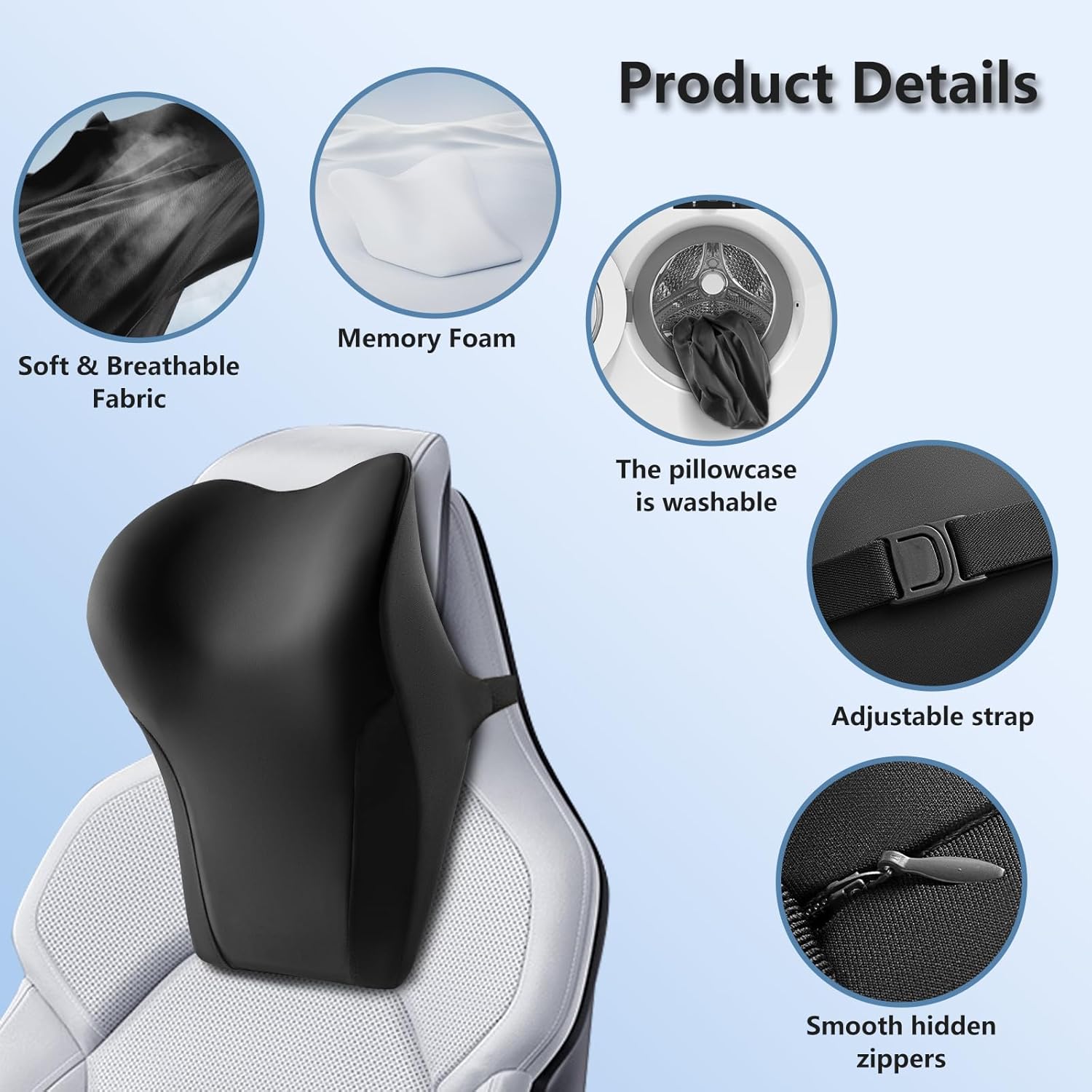 BABUR Car Headrest Pillow | Ergonomic Memory Foam Neck Shoulder Support Pillow with Adjustable Design & Enlarged Surface | Pain Relief for Driving Travel Sleeping | Black 1 Pack - Image 4