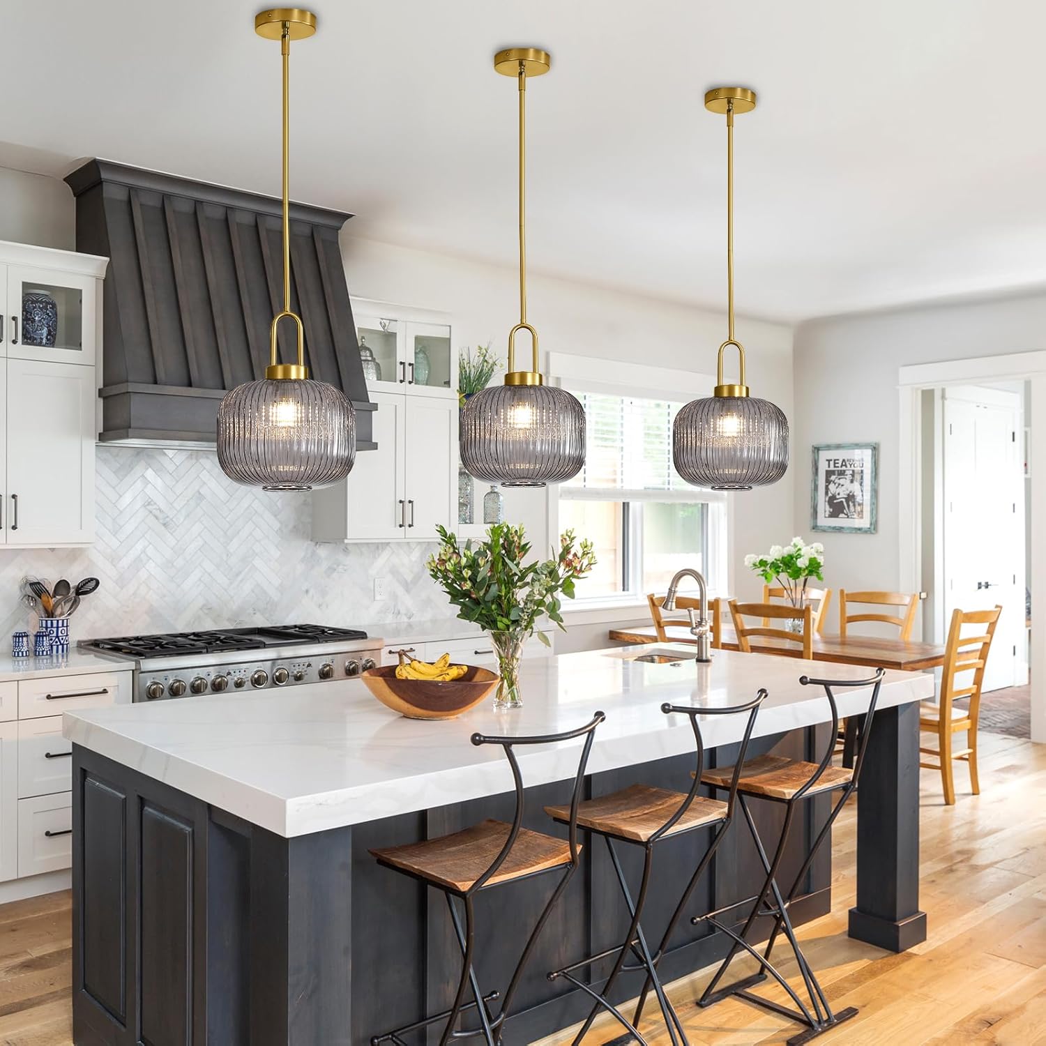 Modern Smoky Gray Glass Pendant Light Fixtures, Mid Century Pendant Lights for Kitchen Island, 9.8" Gold Adjustable Height Ceiling Hanging Light Fixtures for Dining Room Entryway Foyer Hallway