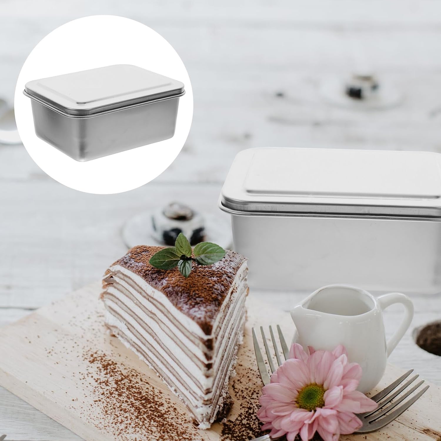 Tiramisu Cake Pan with Lid 6-inch Stainless Steel Baking Pan Square Thick Flat Bottom Cake Tray Household Baking Mold for Kitchen DIY Desserts